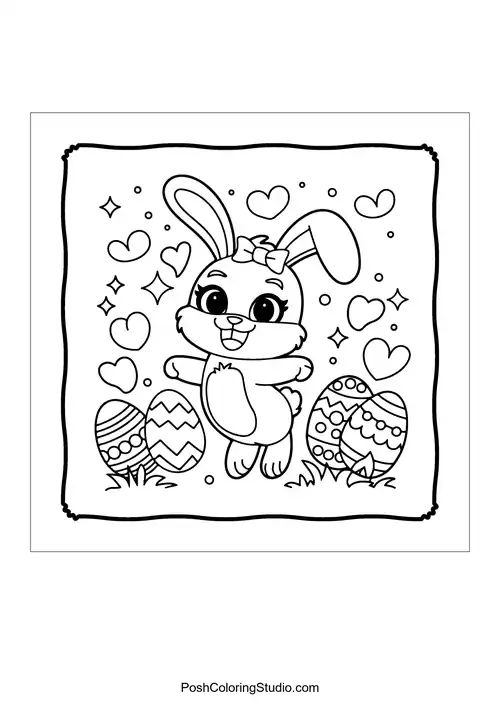A bunny jumping with decorated eggs and hearts around.