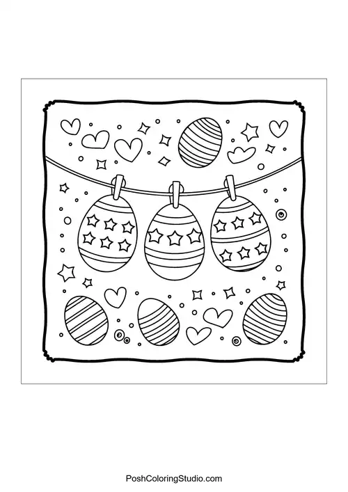 Easter eggs hanging on a line with hearts and stars.