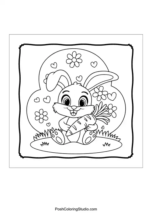 A bunny holding a carrot in a flower-filled scene.