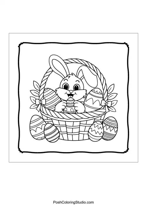 A bunny in a basket filled with colorful eggs.