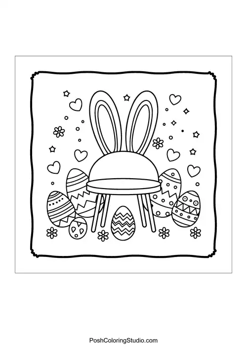A chair with bunny ears and decorated eggs around it.