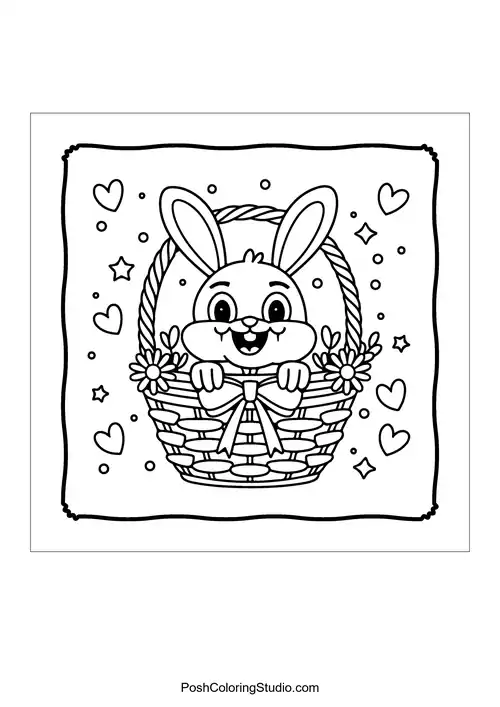 A bunny in a basket with flowers and stars around.