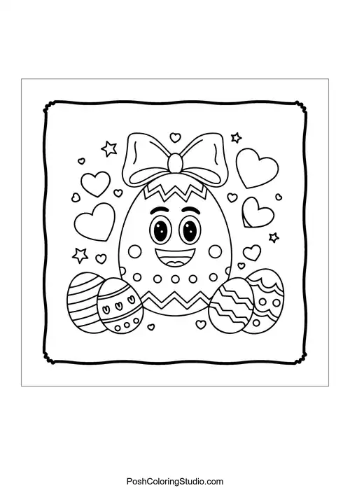 A decorated egg with a bow and surrounding eggs.