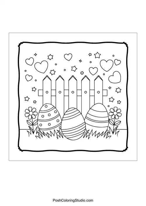Three decorated eggs in front of a picket fence.