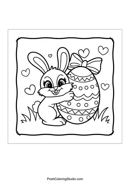 A bunny hugging a large decorated egg in a grassy area.