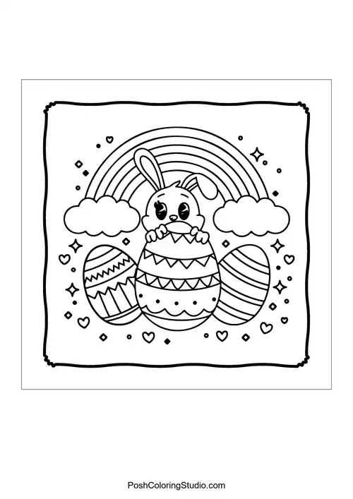 A bunny hiding behind decorated eggs under a rainbow.