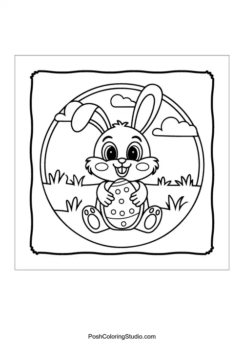 A bunny holding a cookie in a grassy landscape.