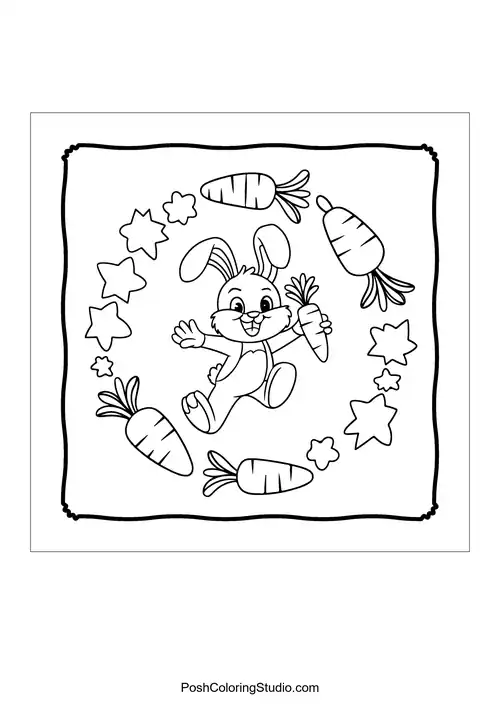 A bunny with an egg surrounded by hearts and stars.