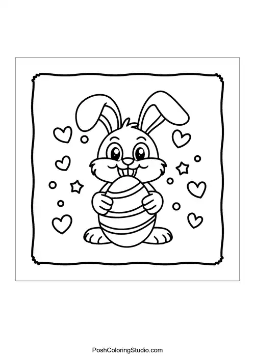 A cute bunny holding an Easter egg with a big smile.