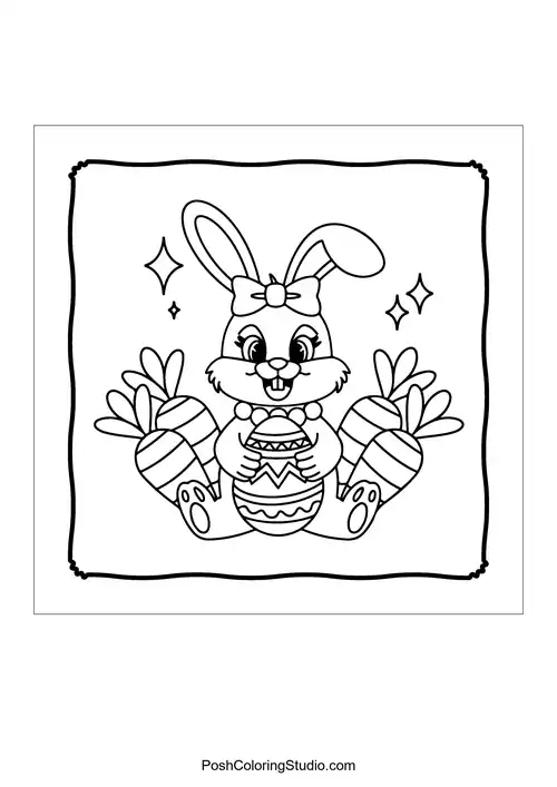 A cheerful bunny holding an Easter egg surrounded by decorated carrots.