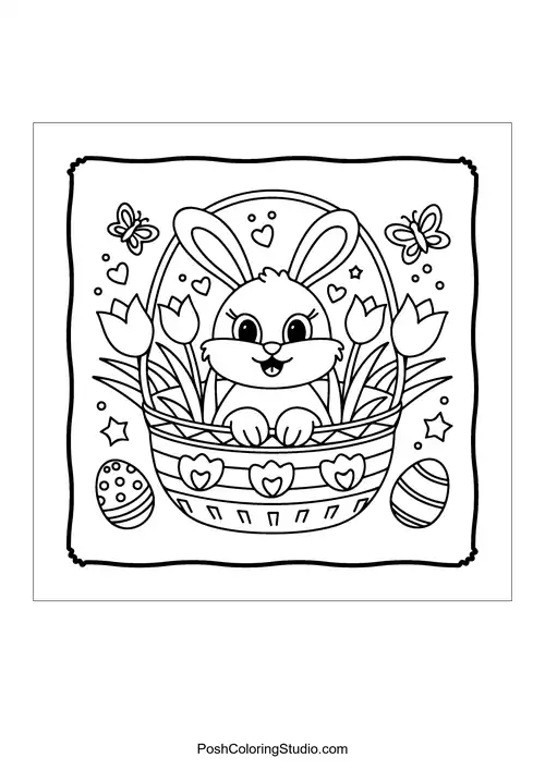 A bunny peeking from a basket filled with tulips and Easter eggs.
