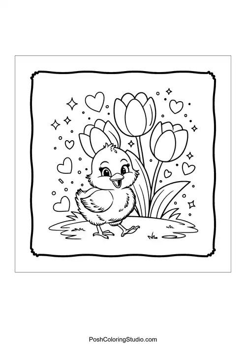 A cute chick walking among tulips and hearts.