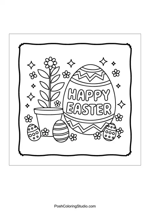 An Easter egg with 'HAPPY EASTER' text beside a flower pot.