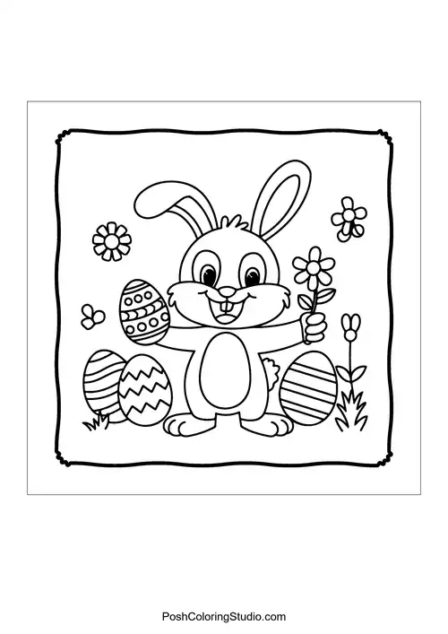 A smiling bunny holding a flower and standing near decorated eggs.
