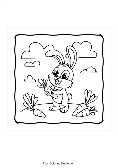 A bunny holding a carrot in a field with other carrots.