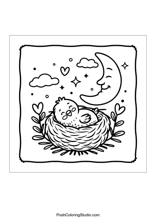 A sleeping chick in a nest under a moon and stars.