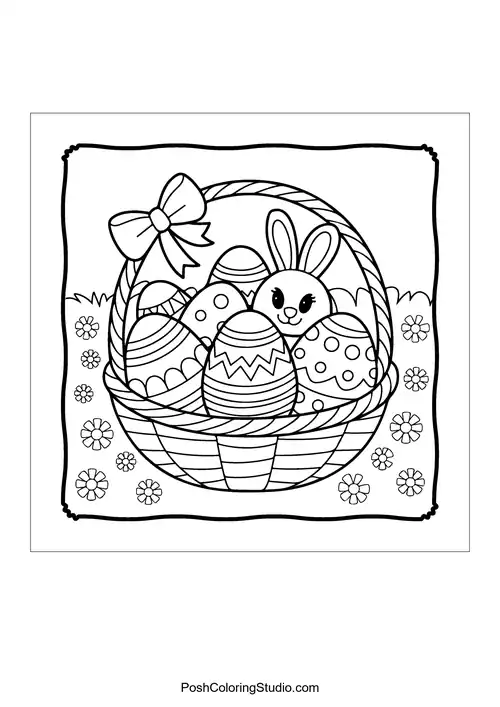 A basket filled with decorated Easter eggs and a bunny peeking out.