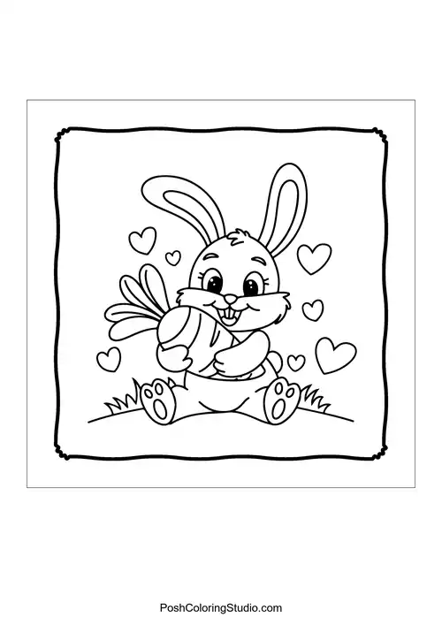 A bunny sitting on grass with a bouquet of flowers and hearts.