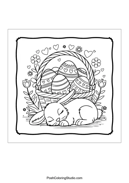 A sleeping bunny next to a basket of decorated Easter eggs.