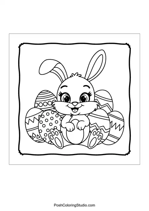 A bunny surrounded by colorful Easter eggs in a playful pose.
