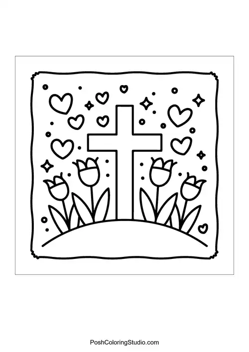 A cross surrounded by tulips and hearts in a decorative frame.