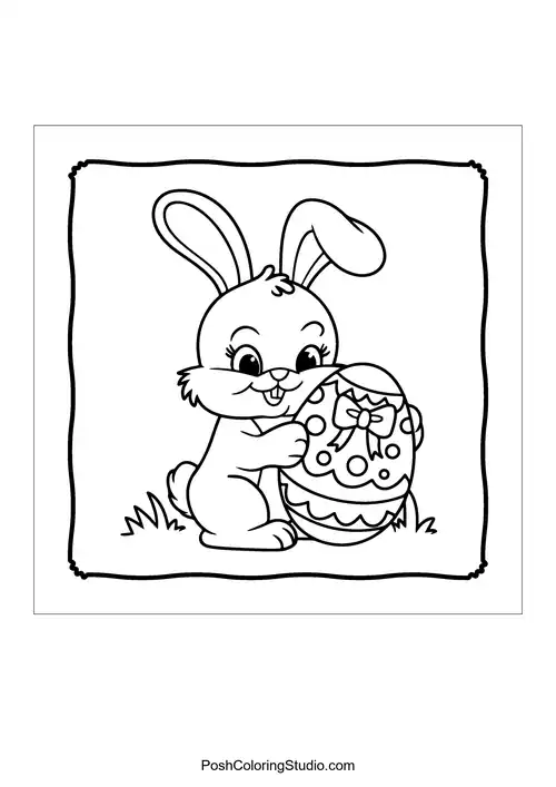 A bunny joyfully holding a decorated Easter egg on grass.
