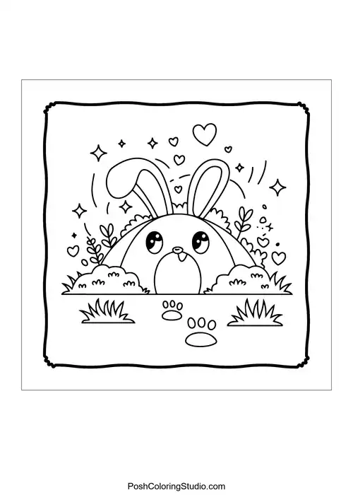 A bunny peeking out from behind a bush with paw prints nearby.