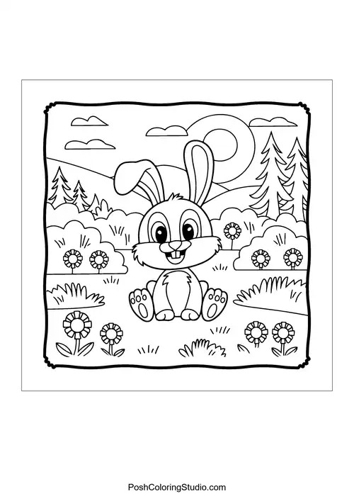 A bunny sitting in a field of flowers with a sunny background.
