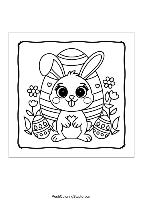 A bunny sitting in front of a large decorated Easter egg.