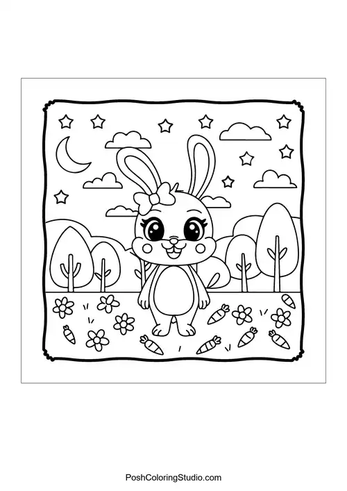 A bunny and chick sharing an Easter egg in a flower garden.