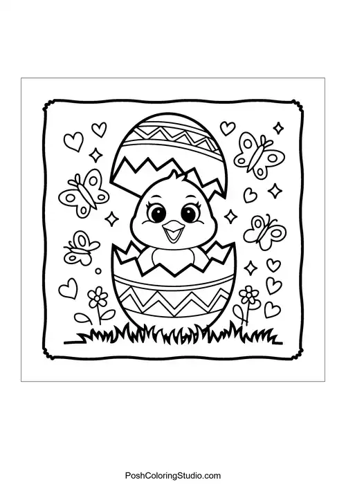 A chick emerging from a decorated egg surrounded by hearts and butterflies.