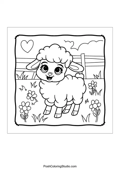 A fluffy lamb standing in a field with flowers.
