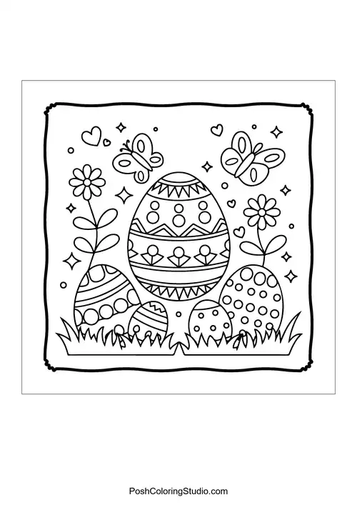 Three decorated Easter eggs surrounded by flowers and butterflies.