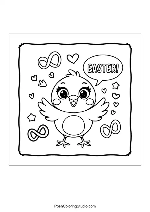 A cheerful chick with big eyes and a speech bubble saying 'EASTER!'.
