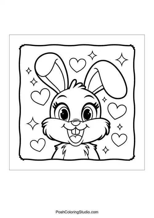 A smiling bunny with large ears and hearts around it.