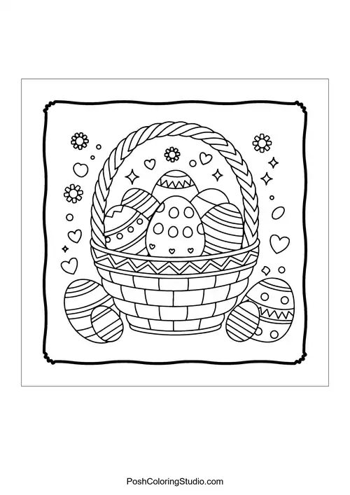 A woven basket filled with decorated Easter eggs.
