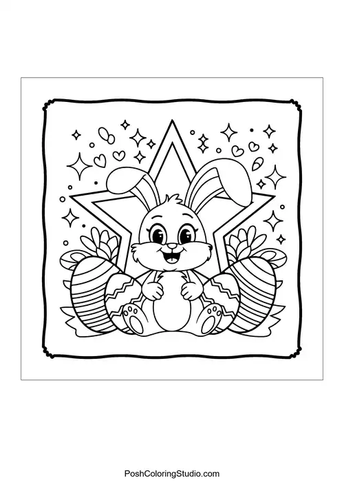 A bunny sitting with Easter eggs and a star behind it.