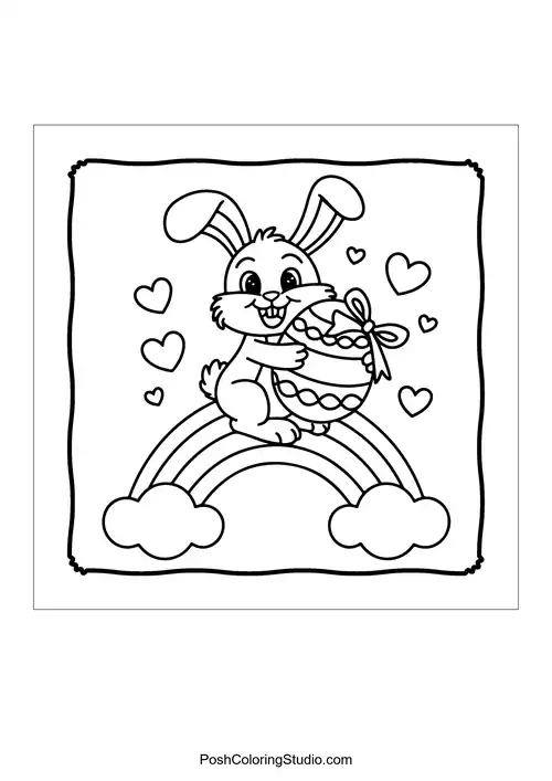 A smiling bunny holding an egg on a rainbow with clouds.