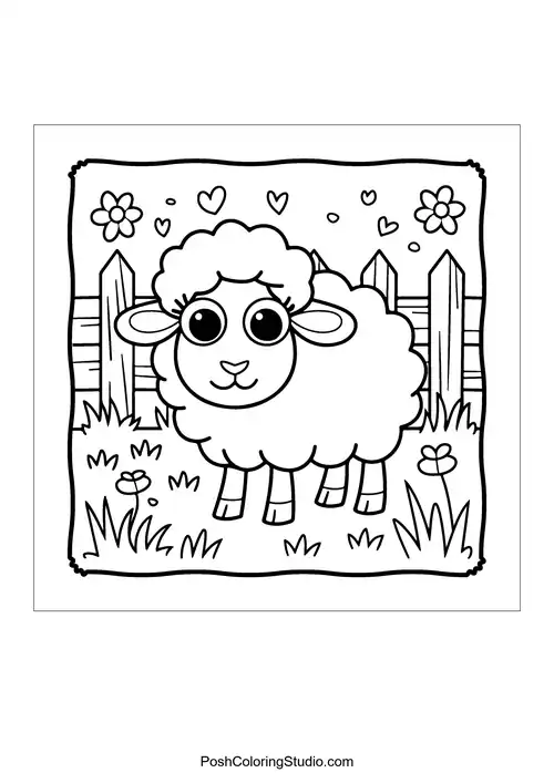 A fluffy sheep standing in a field with flowers and a fence.