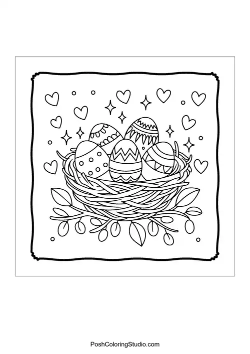 A nest filled with decorated eggs surrounded by hearts.