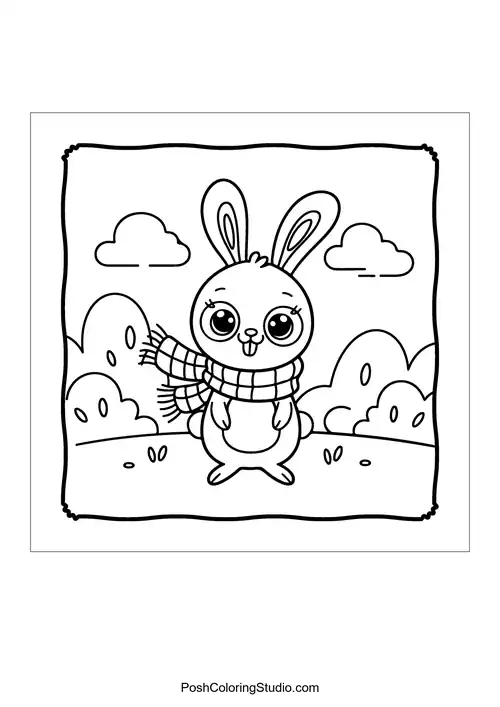 A bunny wearing a scarf standing in a grassy landscape.