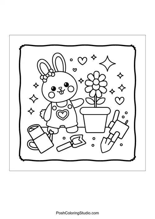 A bunny with a flower pot and gardening tools.