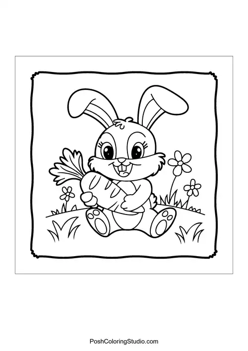 A happy bunny holding a carrot in a grassy field.