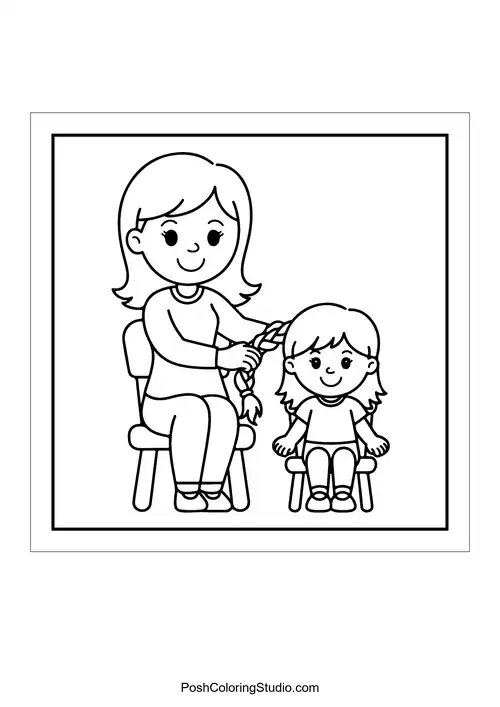 A mother braiding her daughter's hair.