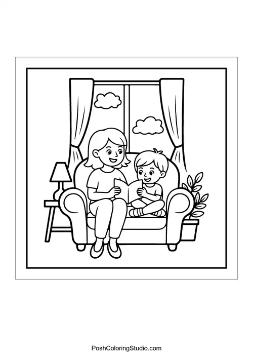 A mother and child sitting on a couch sharing a book.