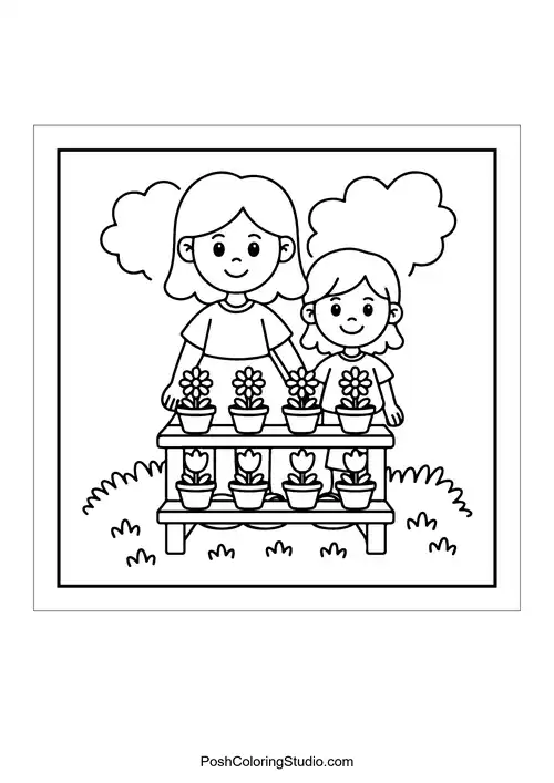 A mother and daughter tending to potted plants.