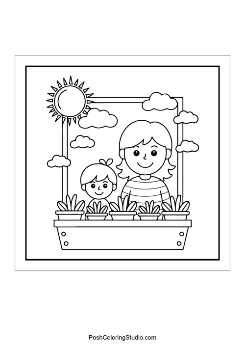 A mother and child gardening with potted plants.