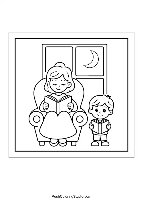 A woman and child reading books in a cozy chair.