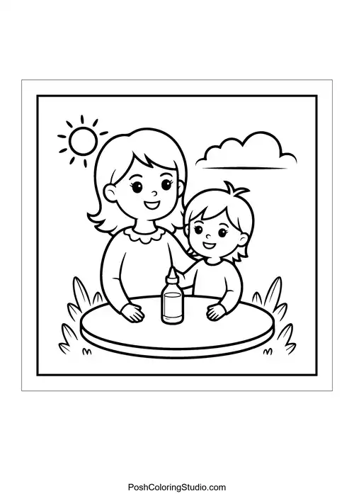 A mother and child sitting at a table with a bottle.