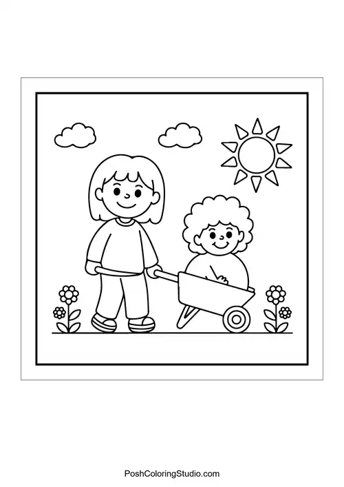 Two children pushing a wheelbarrow filled with flowers.